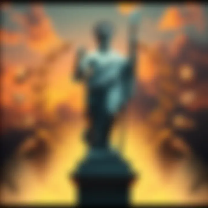 A statue of Apollo, the Greek god, surrounded by symbols of different mythologies like laurel leaves and ancient texts.