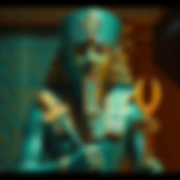 A detailed statue of Osiris, the ancient Egyptian god, depicted with green skin, wearing a crown and holding a scepter, surrounded by hieroglyphs.