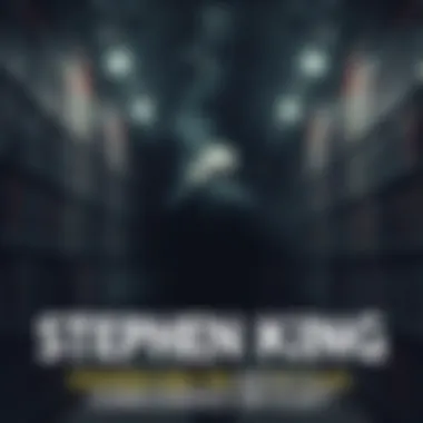 A shadowy library filled with horror-themed books, reflecting Stephen King's themes and dark tales, with an eerie atmosphere.