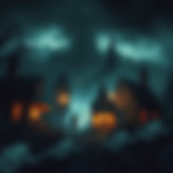 A dark, ominous scene depicting a town haunted by sinister forces, with shadowy figures representing real-life evil lurking in the background, inspired by Stephen King's themes.