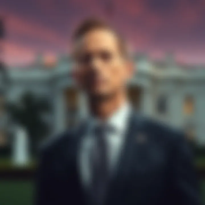 Stephen Miller standing with a serious expression, wearing a suit, in front of the White House
