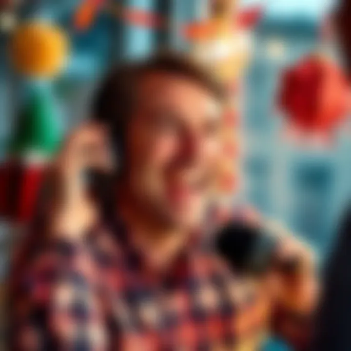 Steve from Albany laughing on a call A smiling man, Steve, joyfully talking on the phone with a radio microphone, surrounded by cheerful decorations.