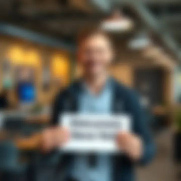 Steve Neill smiling while holding a welcome sign in a casual office setting
