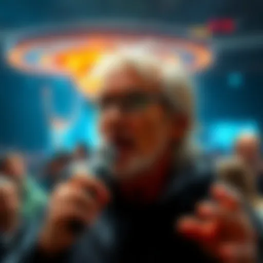 Steven Greer discusses a potential fake alien invasion in front of a crowd