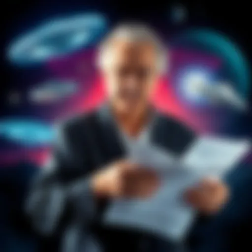 Steven Greer holds documents that reveal links to Lue Elizondo and covert UFO programs, surrounded by a dramatic background of UFO imagery and government files.