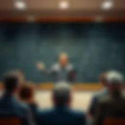 Steven Butler presenting his gravity theory Steven Butler stands in front of a blackboard filled with complex equations, expressing his controversial gravity theory. A small group of skeptical people observes him, illustrating tension in academ...