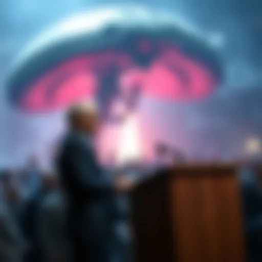 UFO expert Steven Greer speaking at a podium, highlighting concerns about a government-staged alien invasion, with an audience in the background.