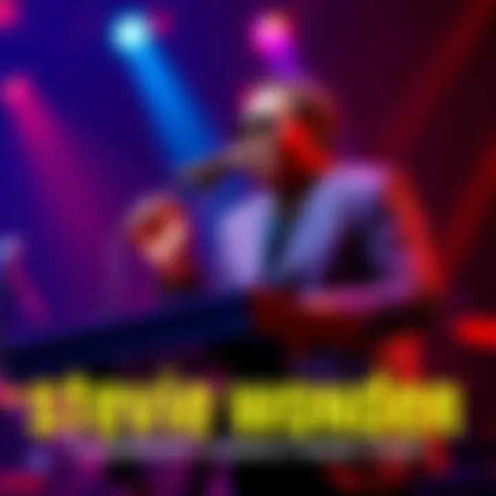 Stevie Wonder singing with a keyboard on stage, surrounded by colorful lights