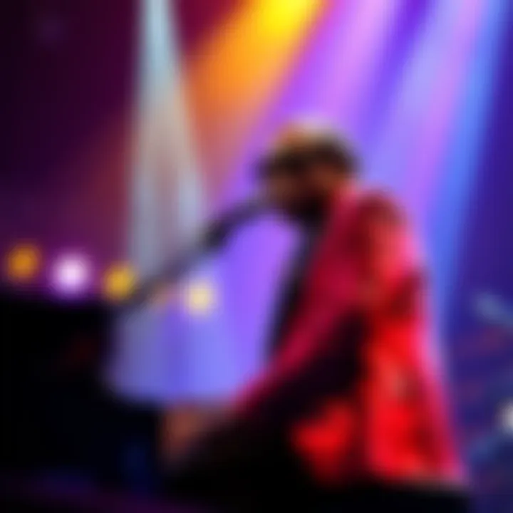 Stevie Wonder playing the piano and singing, surrounded by colorful lights during a concert