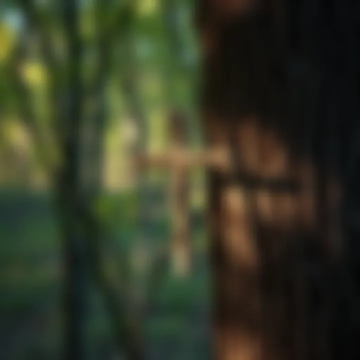 A wooden stick cross attached to a tree trunk in a forest setting