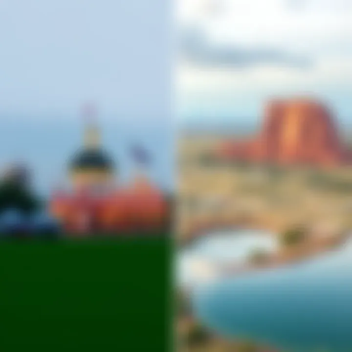 Side-by-side images of the St Louis World's Fair with its iconic structures and the Church Rock incident site showing environmental impact