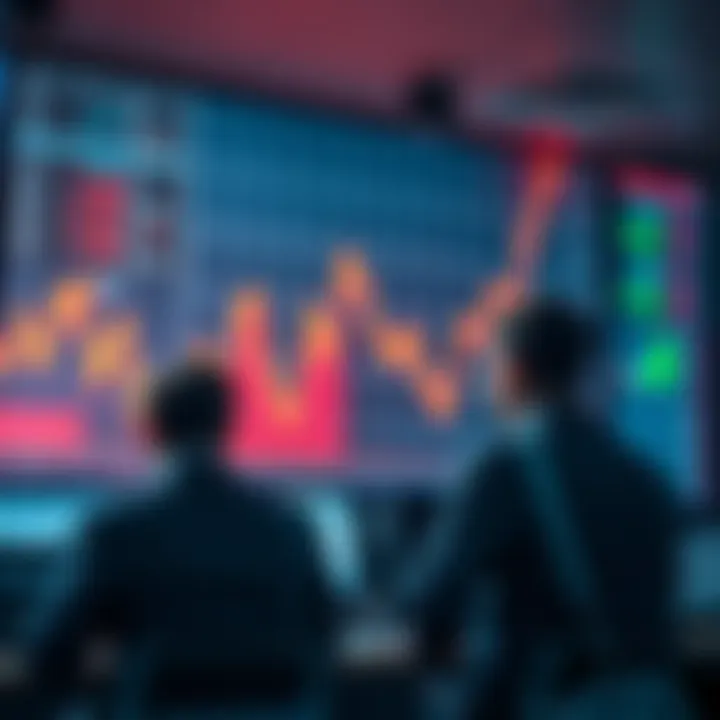 A stock market graph showing a steep decline, with worried investors looking at their screens.