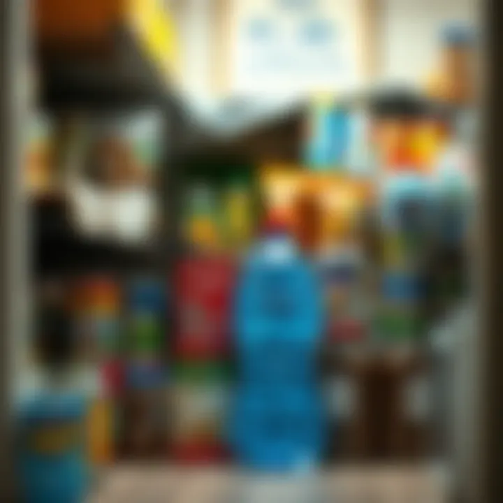 Stockpiled Food and Water Supplies A variety of canned goods and bottled water neatly arranged in a home storage area, showing preparedness for emergencies.