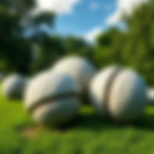 Large stone spheres placed in a lush green area, showcasing their round shape and texture, with a background of trees and sky, representing the sites in Costa Rica and Bosnia.