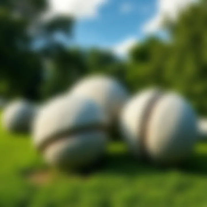 Large stone spheres placed in a lush green area, showcasing their round shape and texture, with a background of trees and sky, representing the sites in Costa Rica and Bosnia.