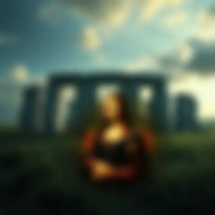 Aerial view of Stone Henge with the Sigil of Lucifer and the Mona Lisa represented in the foreground.