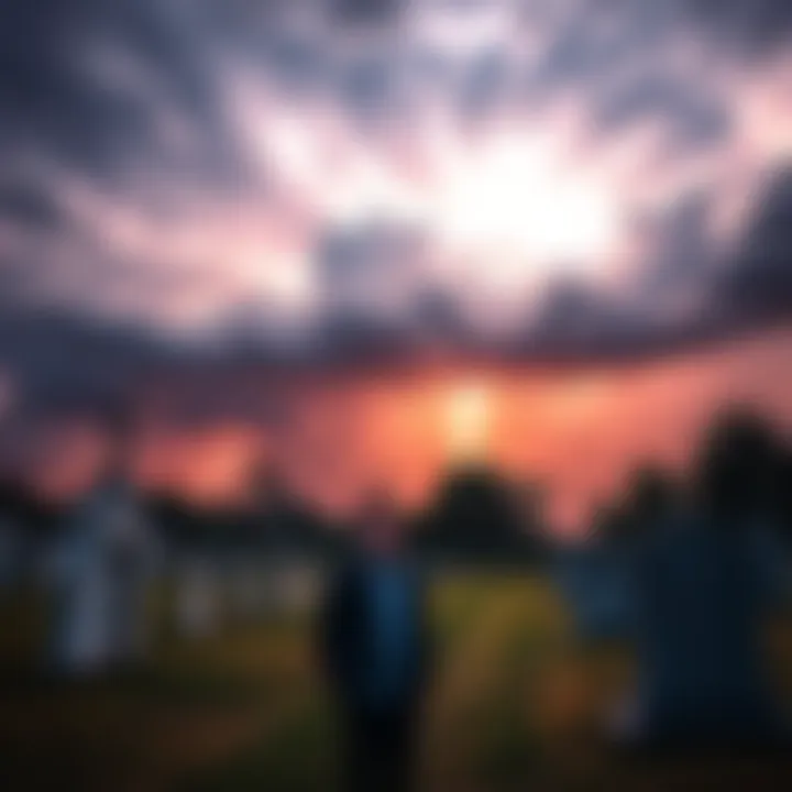 Storm Cloud Over Cemetery An electrifying storm cloud looms above a cemetery as a person stands nearby with a pained expression, highlighting a connection between emotions and weather.