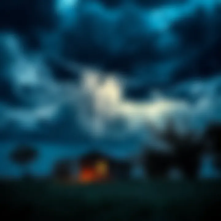 Stormy night after a joke A dark sky filled with ominous clouds and lightning strikes, rain pouring down on a small house with toppled trees nearby.