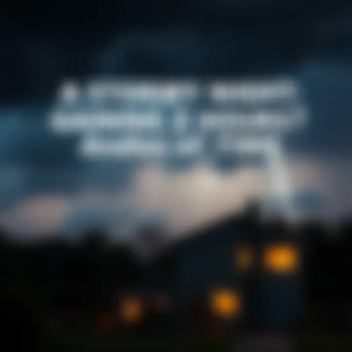 A stormy night scene with dark clouds and rain, symbolizing a peculiar time experience, showing a house in the foreground with lights on