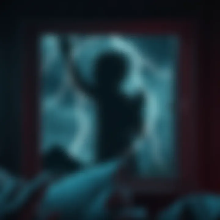 A dark, stormy night scene showing a window with a mysterious shadow outside, hinting at a strange noise. Lightning flashes illuminate the sky.