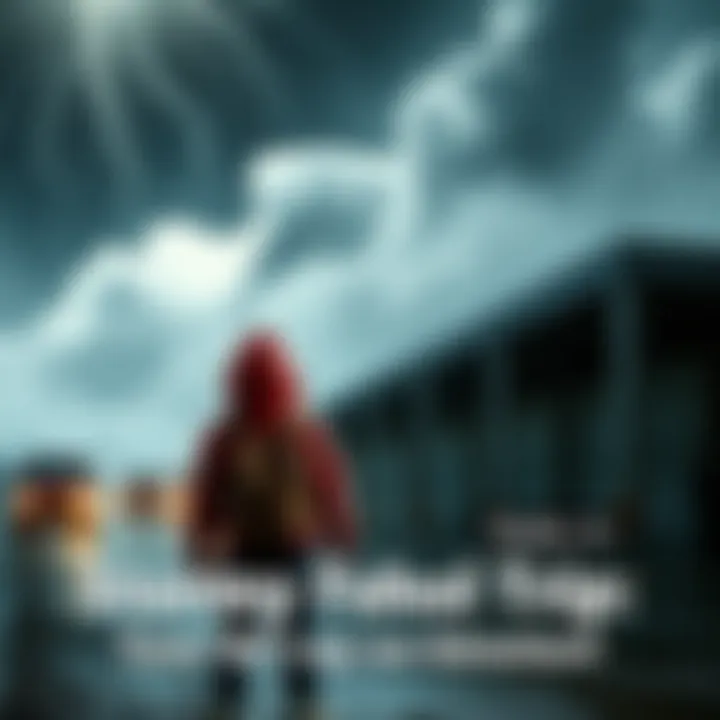 A student stands in a rain-soaked school field trip scene, looking scared as dark clouds gather above.