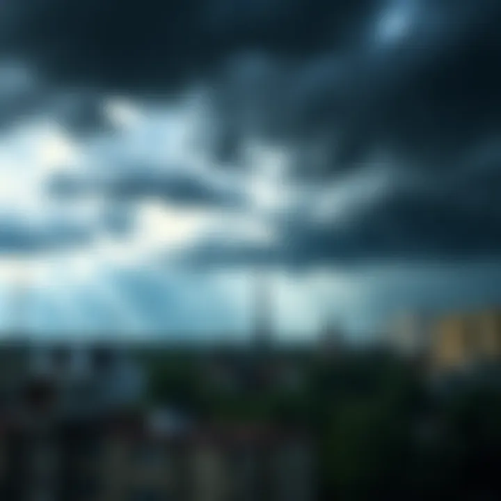 Dark clouds gather over a city with rain pouring down, symbolizing the stormy weather expected in Spring 2026.