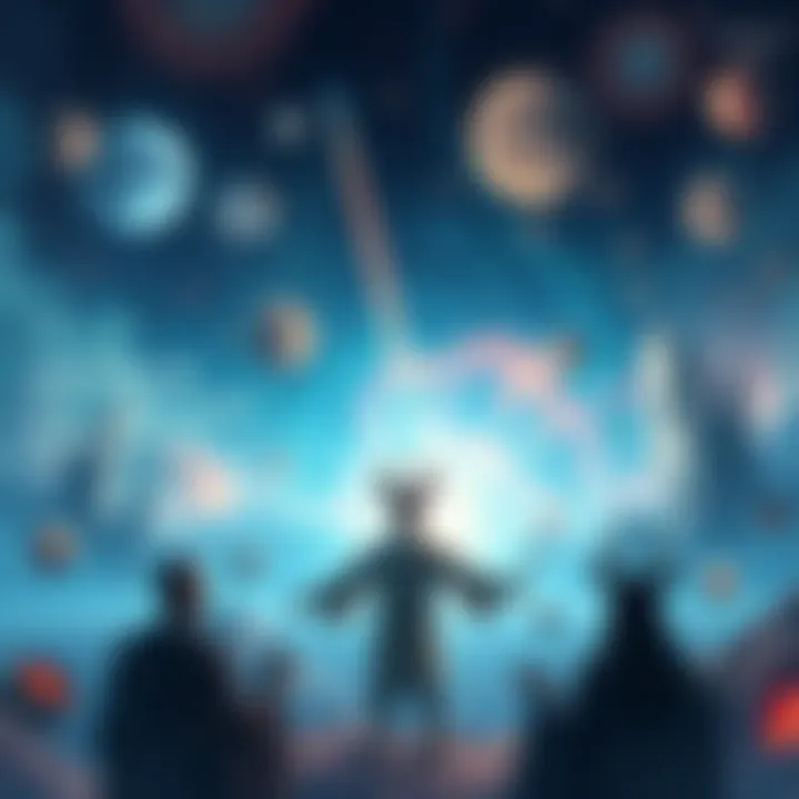 A surreal depiction of a world where storytelling and reality intertwine, featuring symbolic elements like a hero and a villain in a cosmic setting.