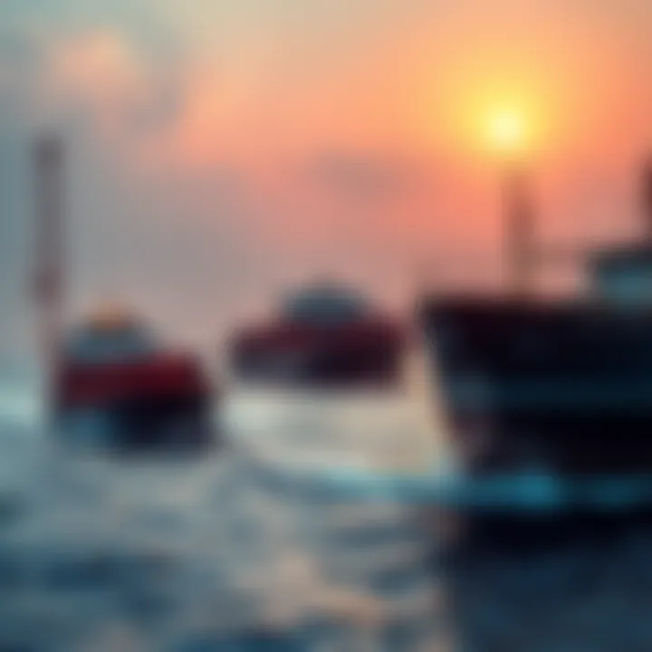 Ships navigating through the Strait of Hormuz with visible tensions in the water, representing the conflict's impact on global trade and energy prices.