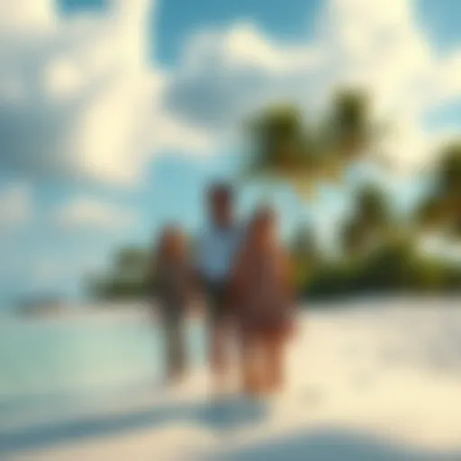A pair of individuals looking worried on a sandy beach with palm trees around, contemplating their situation on a deserted island