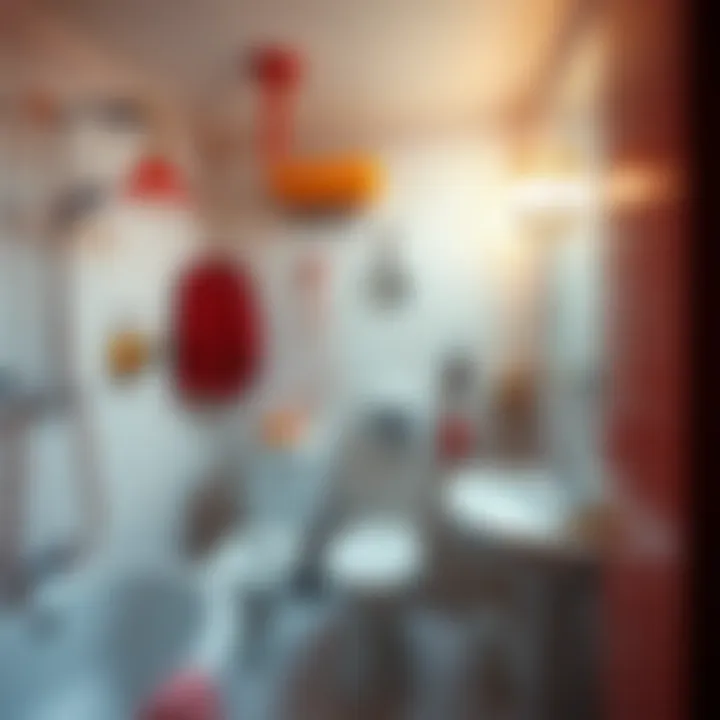 A bizarre bathroom with retro fixtures and unusual sizes, showing a surreal and impractical design.