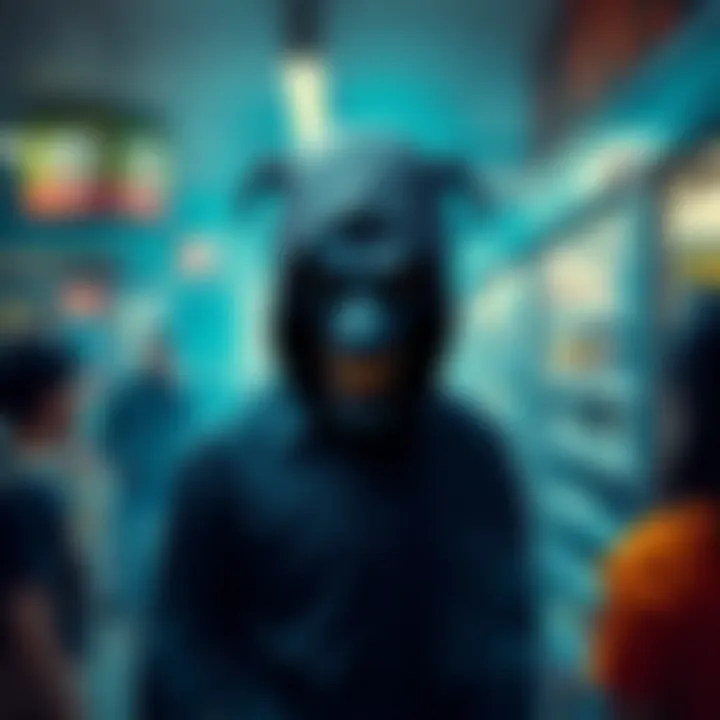 A mysterious man with a sinister grin stands in a convenience store, surrounded by confused customers and emitting a strange odor.