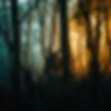 A mysterious figure partially hidden among trees, evoking curiosity and questions about its identity, possibly resembling a demon.