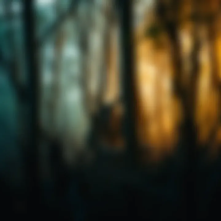 A mysterious figure partially hidden among trees, evoking curiosity and questions about its identity, possibly resembling a demon.