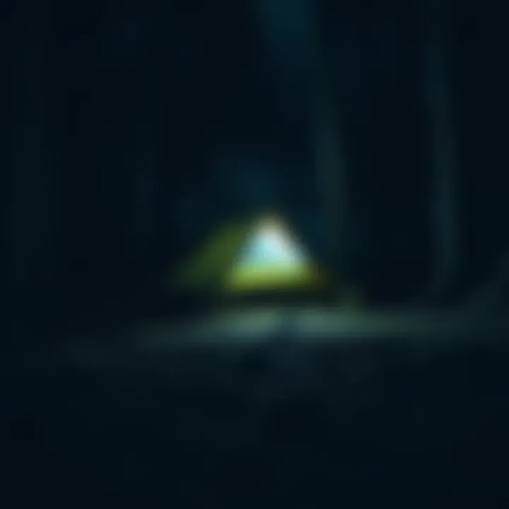 A dark camping scene with a tent, surrounded by trees, and vague footprints in the ground leading away from it at night.