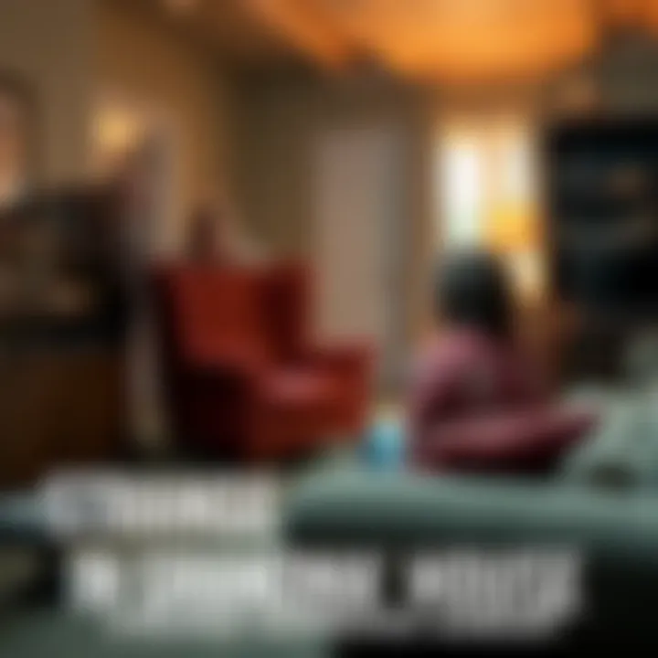 A couple looks puzzled at a heavy armchair that seems stuck in place in their new home, with a mysterious atmosphere around them.