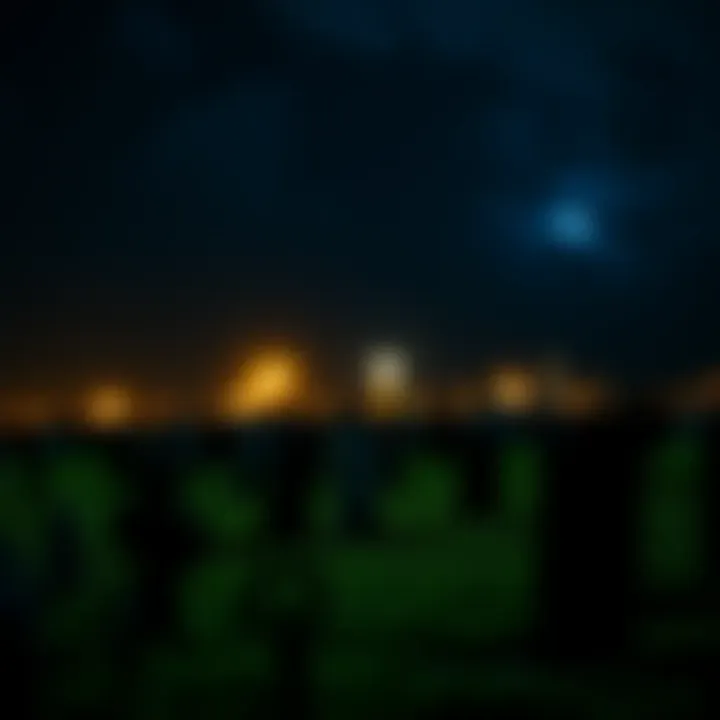 Bright lights glowing over tombstones in a dark cemetery at night