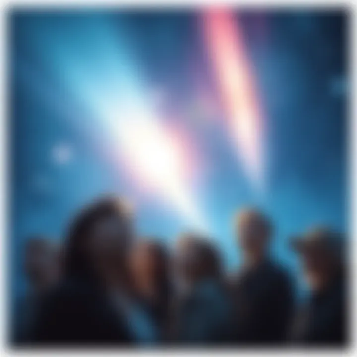 Strange Lights in the Night Sky People gazing up at unusual lights illuminating the night sky, showing expressions of awe and confusion.