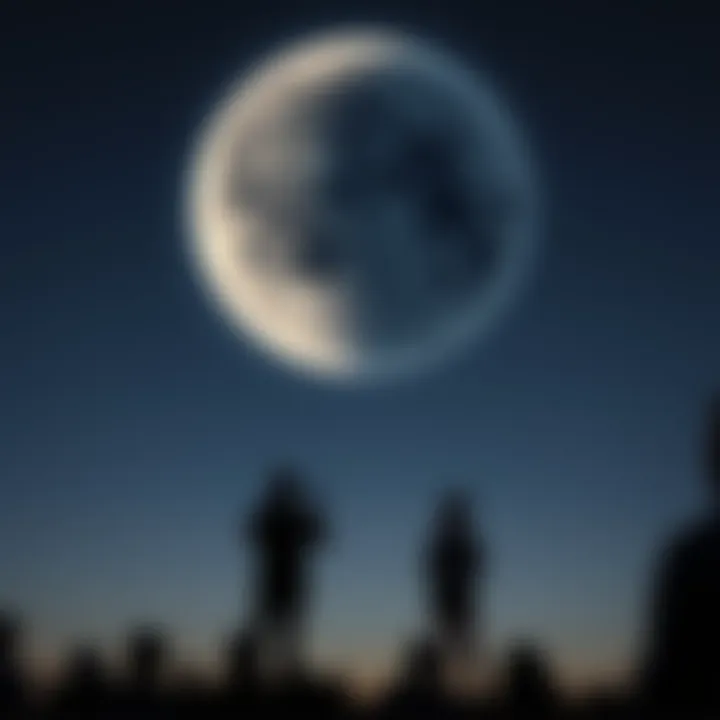 People looking at a flipped moon in the night sky, discussing its unusual appearance