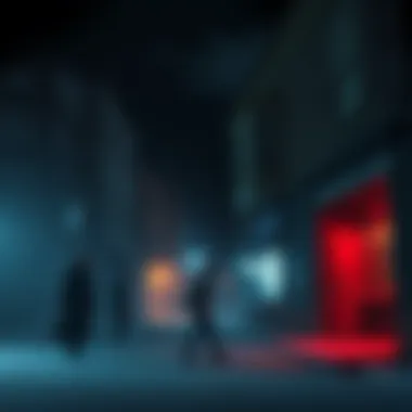 A dark street in Grey Town with shadowy figures and an eerie shop front, hinting at the strange happenings in the area.