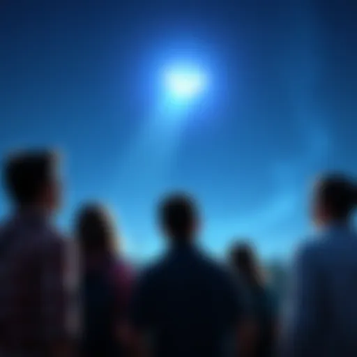 A group of people gazing up at the night sky with curiosity as a bright object hovers above, sparking intrigue and conversation.