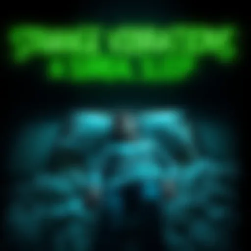 A man lying in bed with visible vibrations around his body, surrounded by a dark void featuring glowing green words.