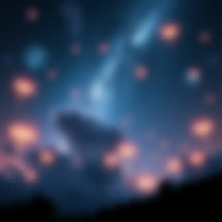 Strange Anomalies in the Sky A night sky filled with unusual glowing lights and shapes, depicting paranormal phenomena