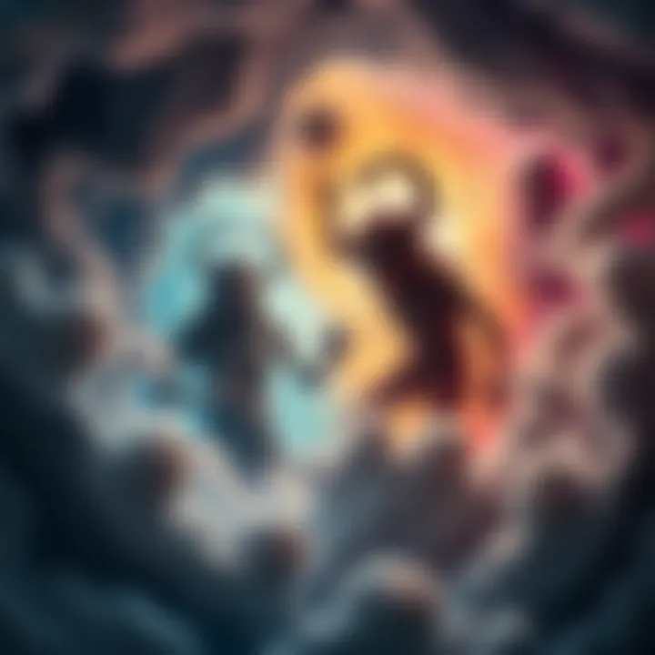 A surreal depiction of strange beings surrounded by vibrant colors and swirling emotions, reflecting apocalyptic themes.