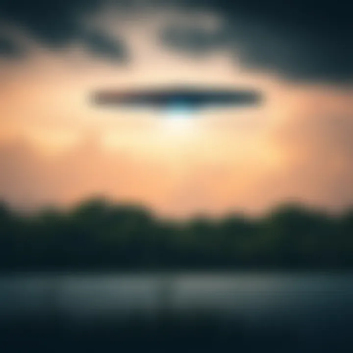 Unidentified craft spotted in the sky above Bayou Lacombe, with trees and water in the foreground.