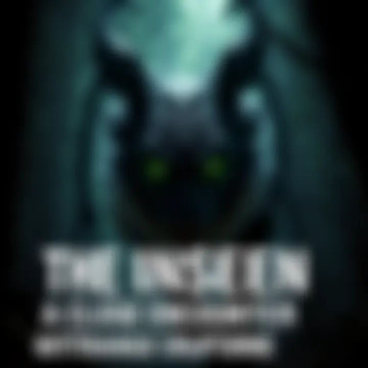 Strange Encounter in Central California A surreal depiction of a mysterious creature with glowing green eyes in a shadowy forest setting.