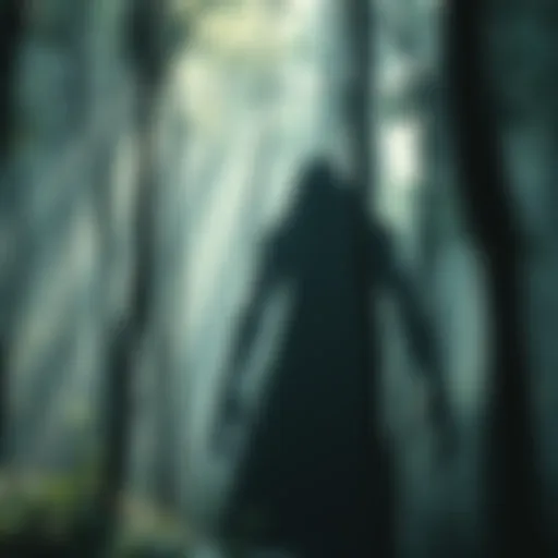 A shadowy figure with an unusual shape lurking among the trees in a forest