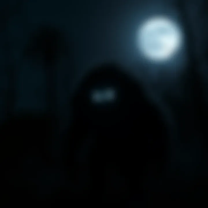 A dark silhouette of a creature with glowing eyes in the moonlight, surrounded by trees, suggesting an eerie presence in the night.