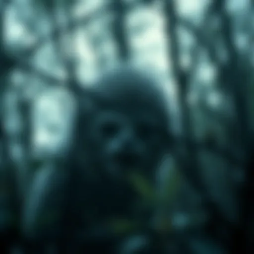 A furry, humanoid-like creature with a white face is seen lurking in the woods, captured in a dimly lit scene with trees in the background.
