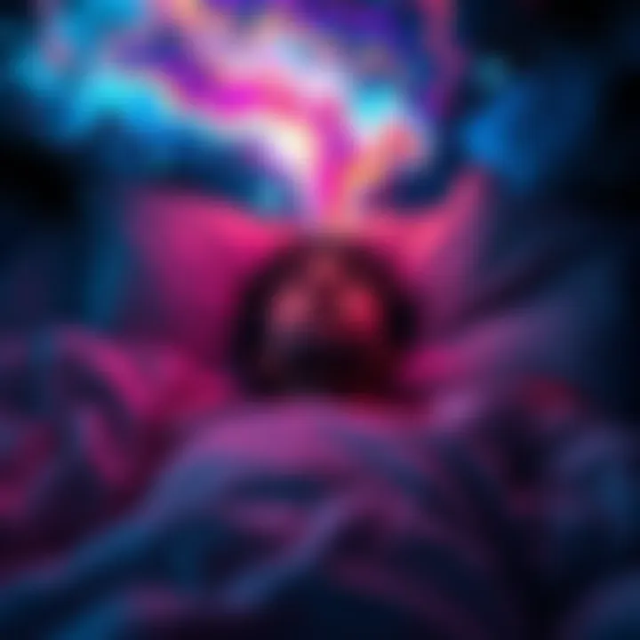 Person experiencing a strange dream A person lying in bed looking startled while dreaming, with colorful dream imagery above their head