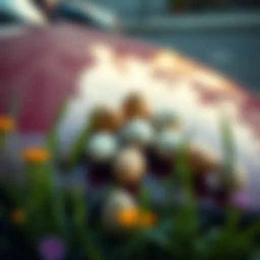 A close-up of several unusual eggs resting on a neighbor's car hood and a few on the doorstep, surrounded by grass and flowers.
